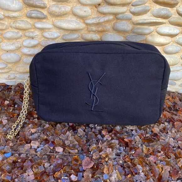 Yves Saint Laurent YSL Parfums Black Canvas Logo Wristlet/Pouch Gold Chain New - Picture 3 of 7